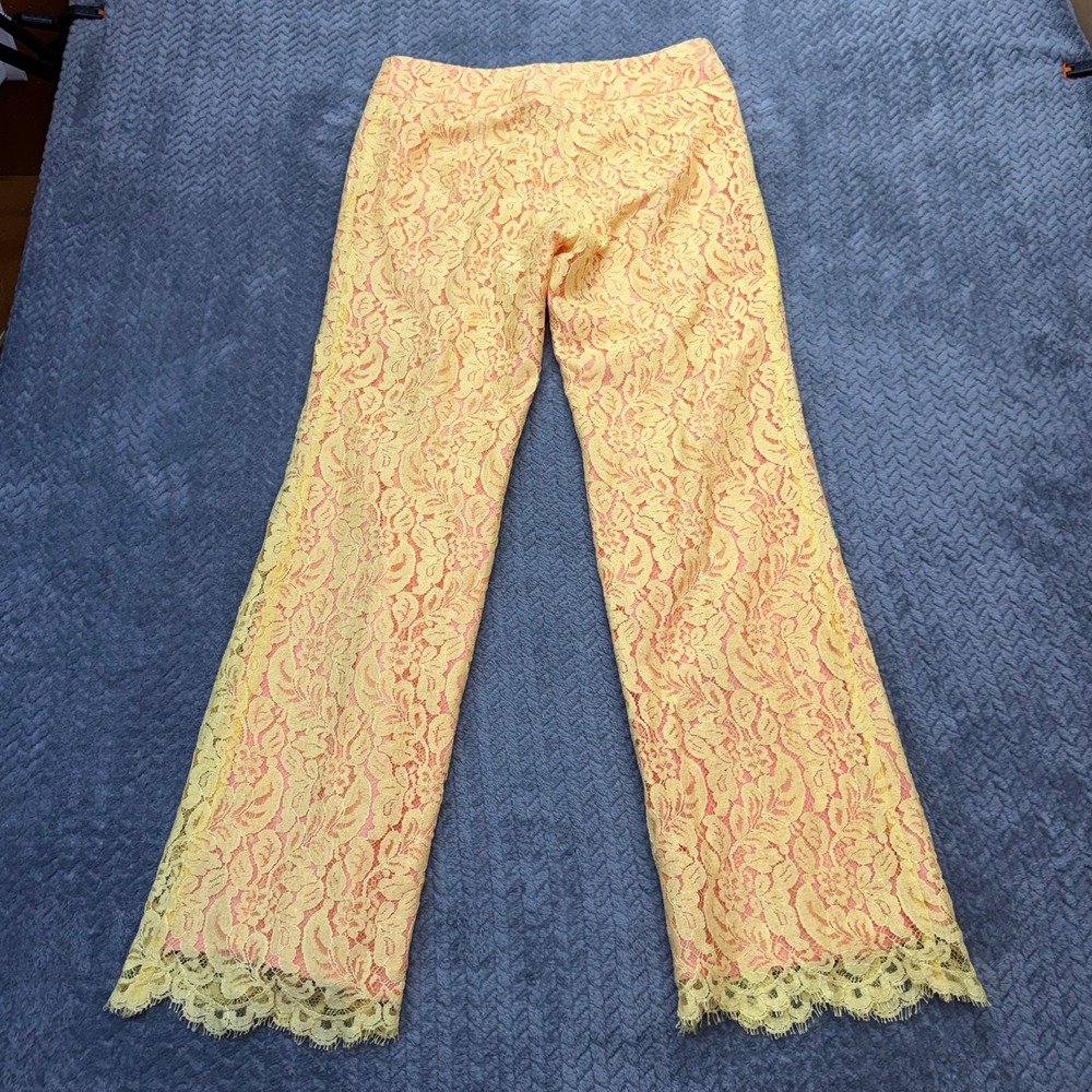 Trina Turk Pants 12 W Yellow Coral Floral Lace Wide Leg Dress Trousers Summer